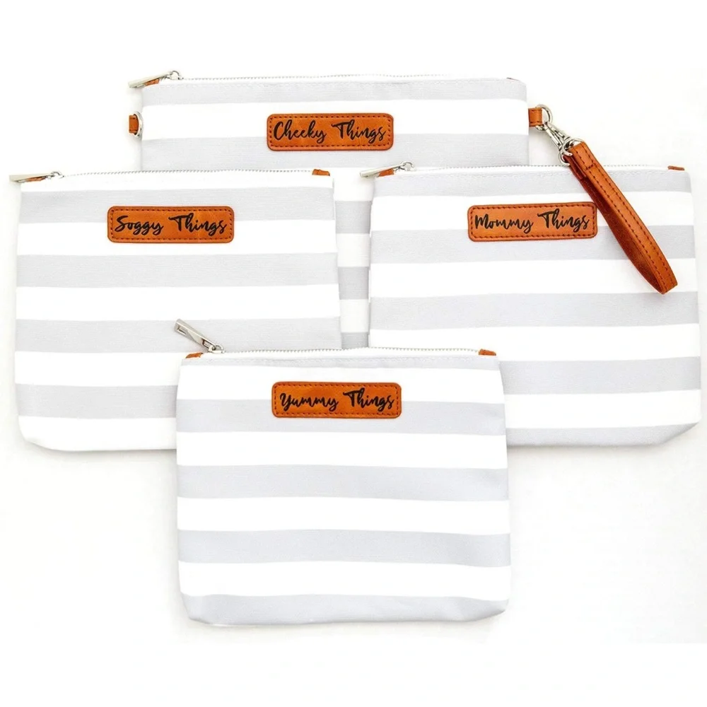Orange Blossom • Set of 4 Diaper Bag Organizer Pouches • Grey & White Stripes